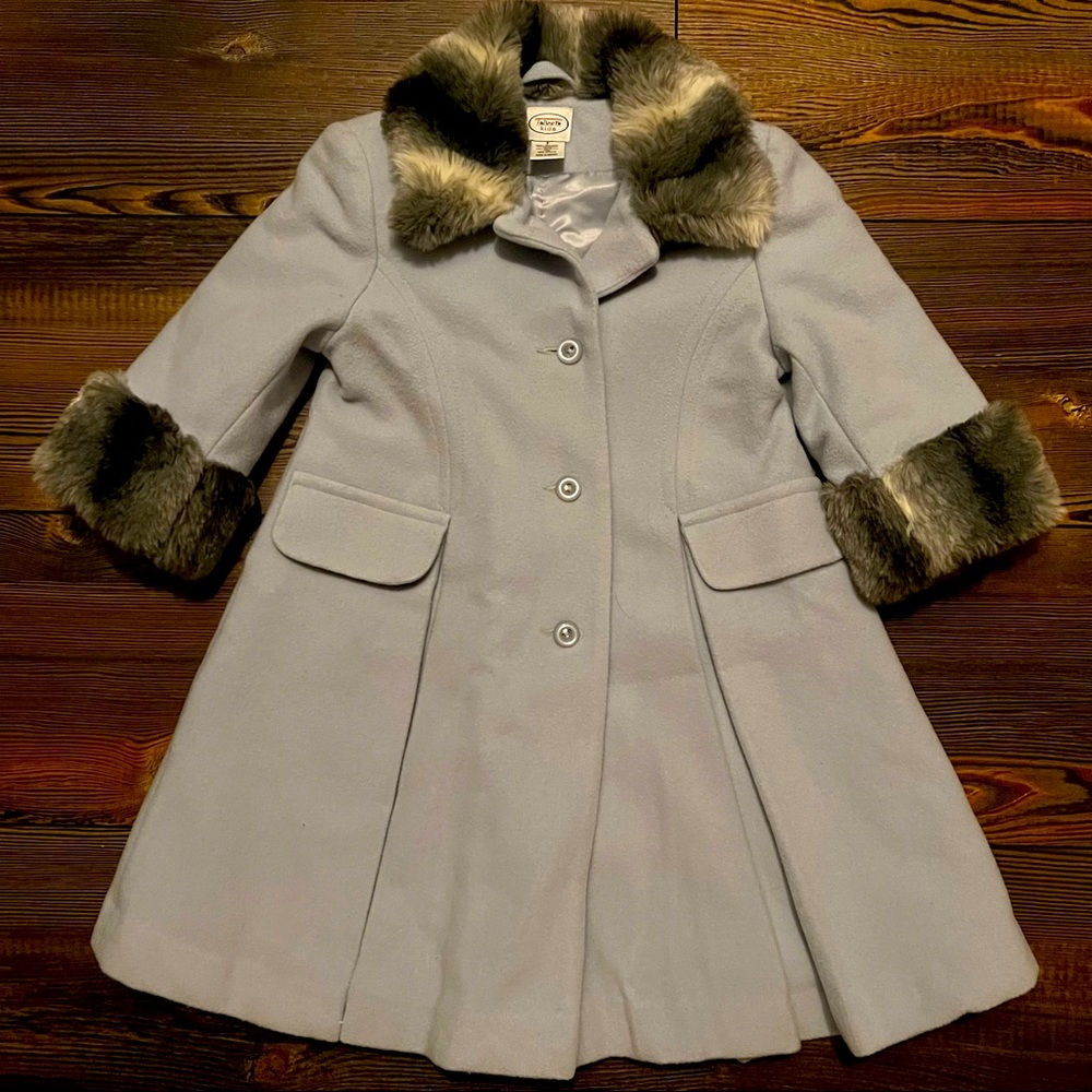 Talbots Kids Light Blue Wool Jacket w/ Fur Collar - Size 3